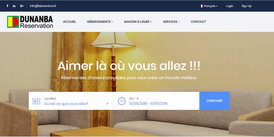 Page d'accueil de Dunanba Réservation en 2019